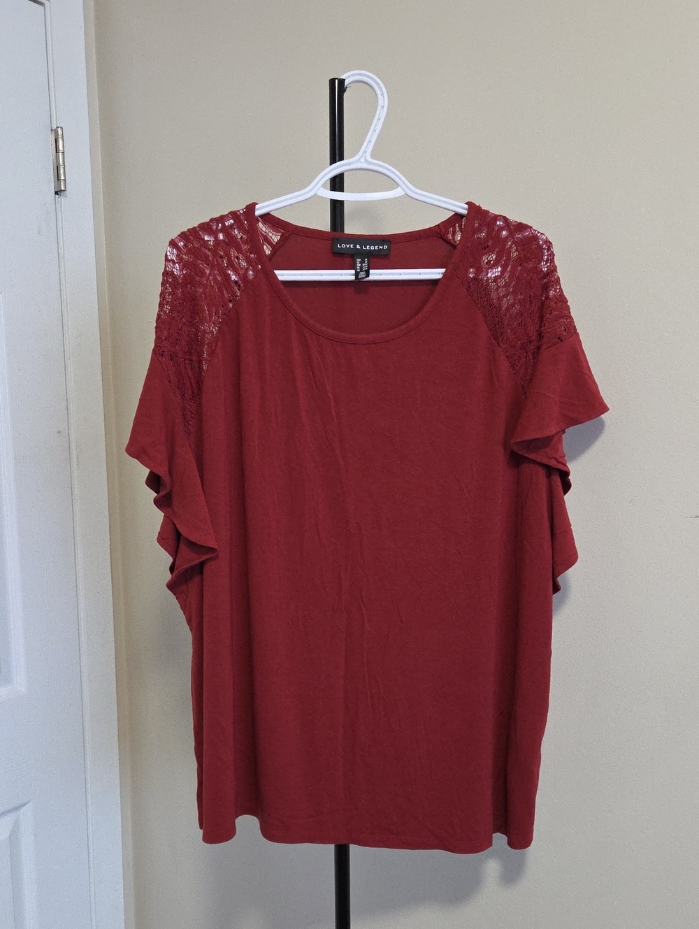 Love & Legend Women's Brick Red Lace-Trim Ruffle Sleeve Tee